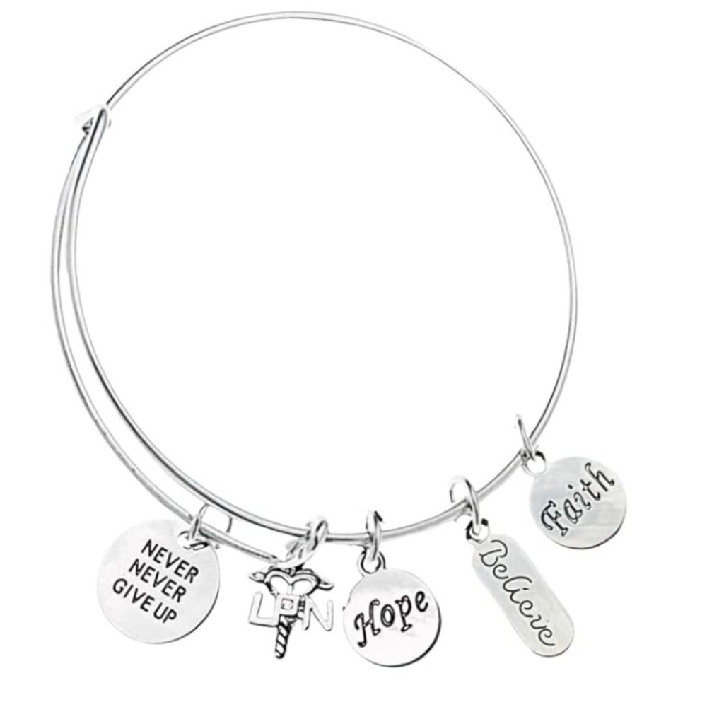 LPN Charm Bangle Bracelet, Never Give Up, Hope, Believe, Faith Bracelet